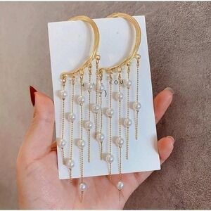 Han Kou Gold Pearl‎ Tassel Ear Cuff Wrap Earrings Dangle Statement Jewelry